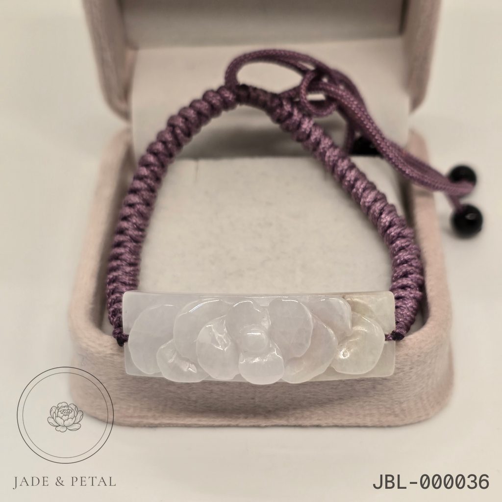 Carved Flower Jade Bracelet — Braided Rope Tie